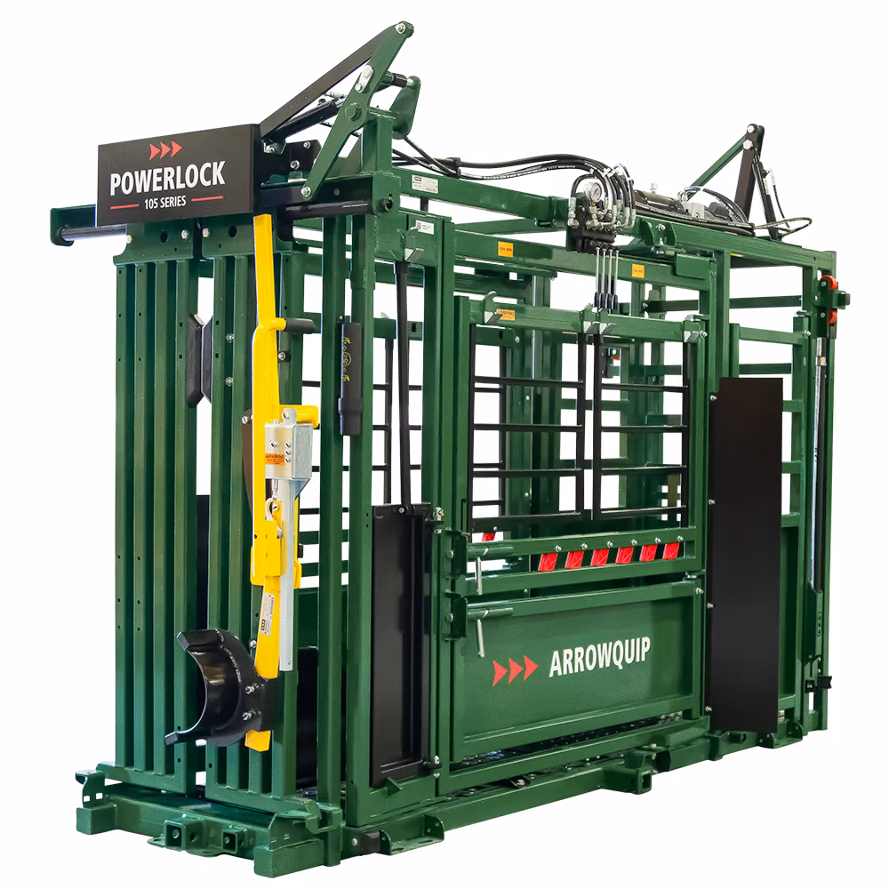 Powerlock 105 hydraulic squeeze chute with head holder and palpation cage